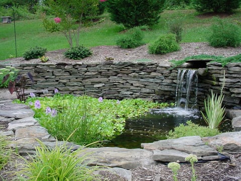 fish-pond-waterfall-stacked-stone-wall-planting-2